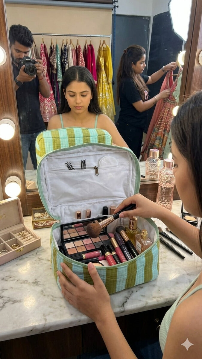 Handcrafted Quilted Makeup Organizer Bag | Cosmetic & Travel Vanity Case - 9x6.5x6.2 inches