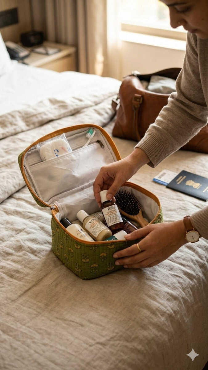 Handcrafted Quilted Makeup Organizer Bag | Cosmetic & Travel Vanity Case - 9x6.5x6.2 inches
