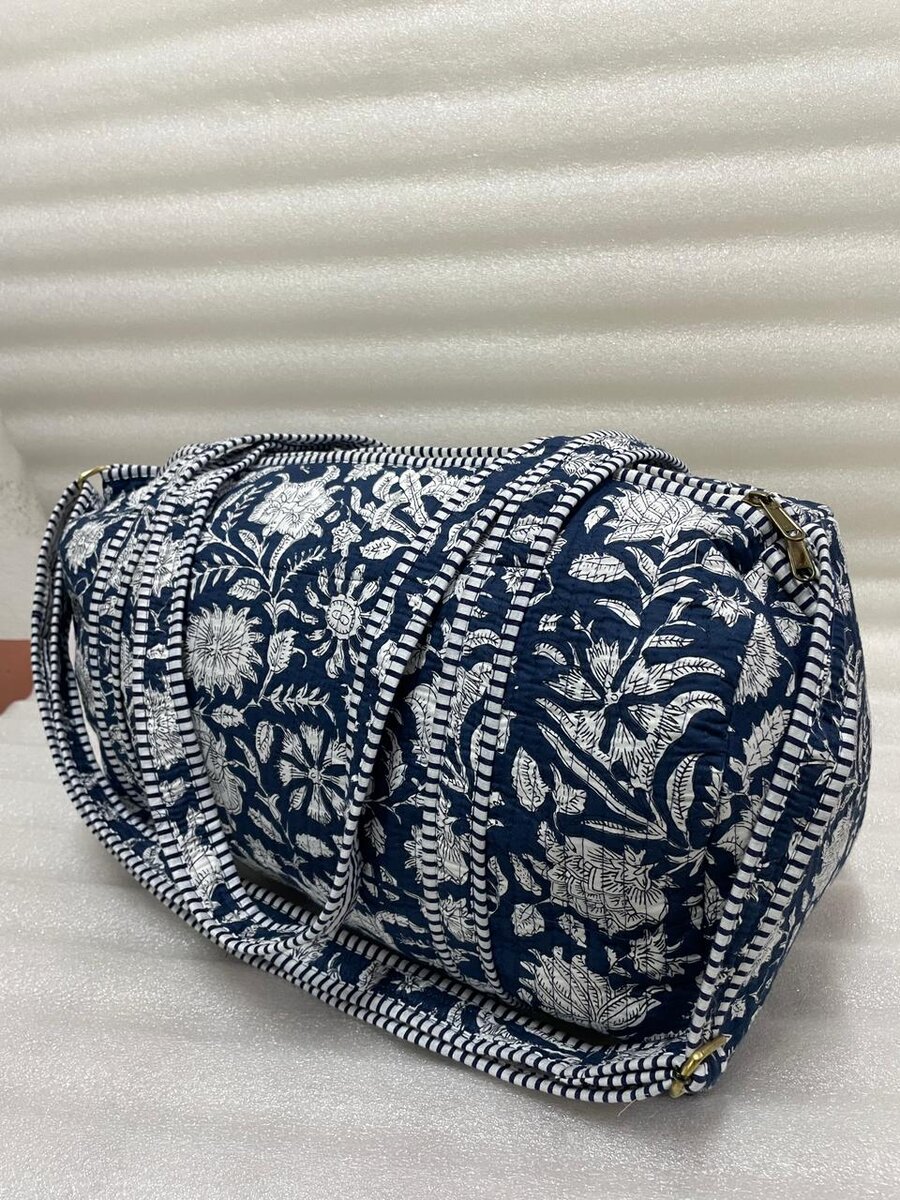 Block Printed Quilted Duffle Bag with Concealed Zip