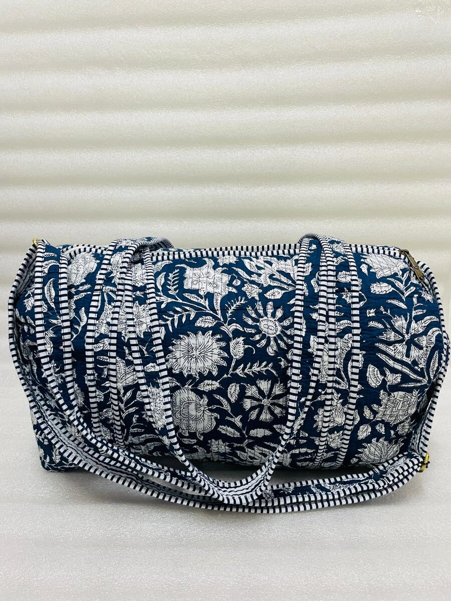 Block Printed Quilted Duffle Bag with Concealed Zip