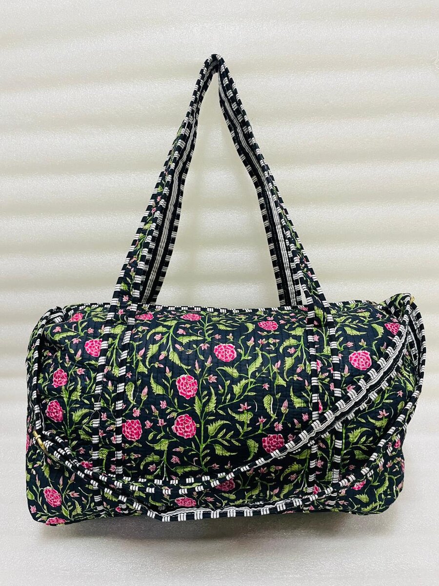 Block Printed Quilted Duffle Bag with Concealed Zip