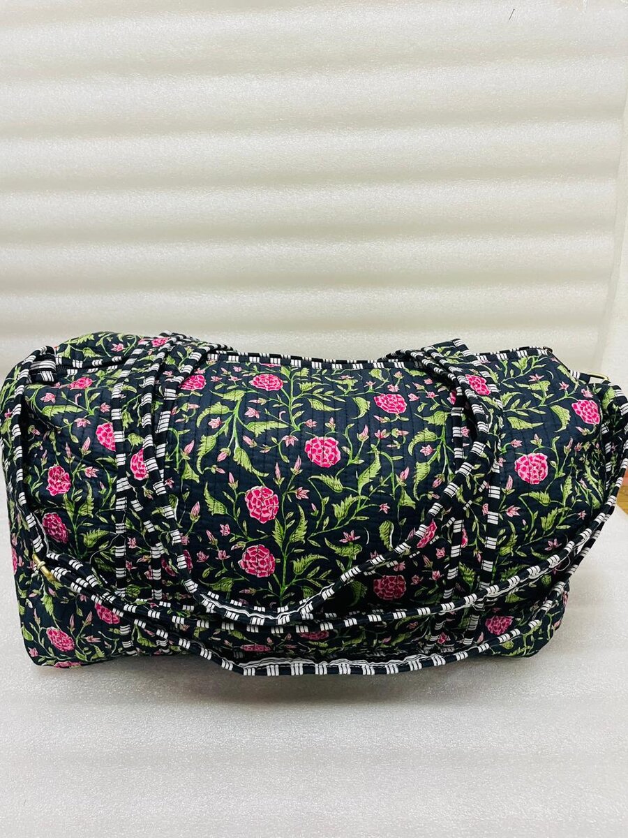 Block Printed Quilted Duffle Bag with Concealed Zip