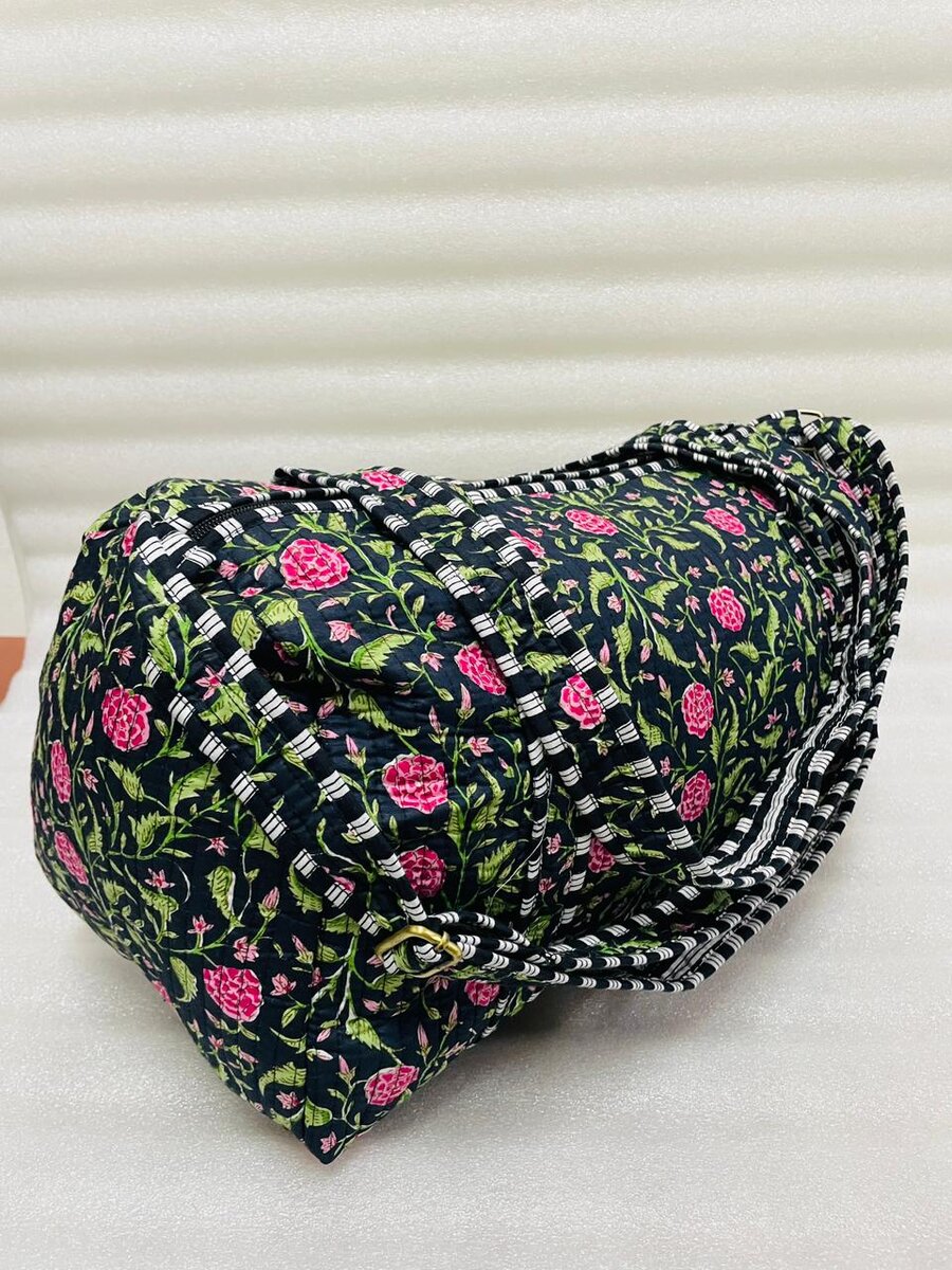 Block Printed Quilted Duffle Bag with Concealed Zip