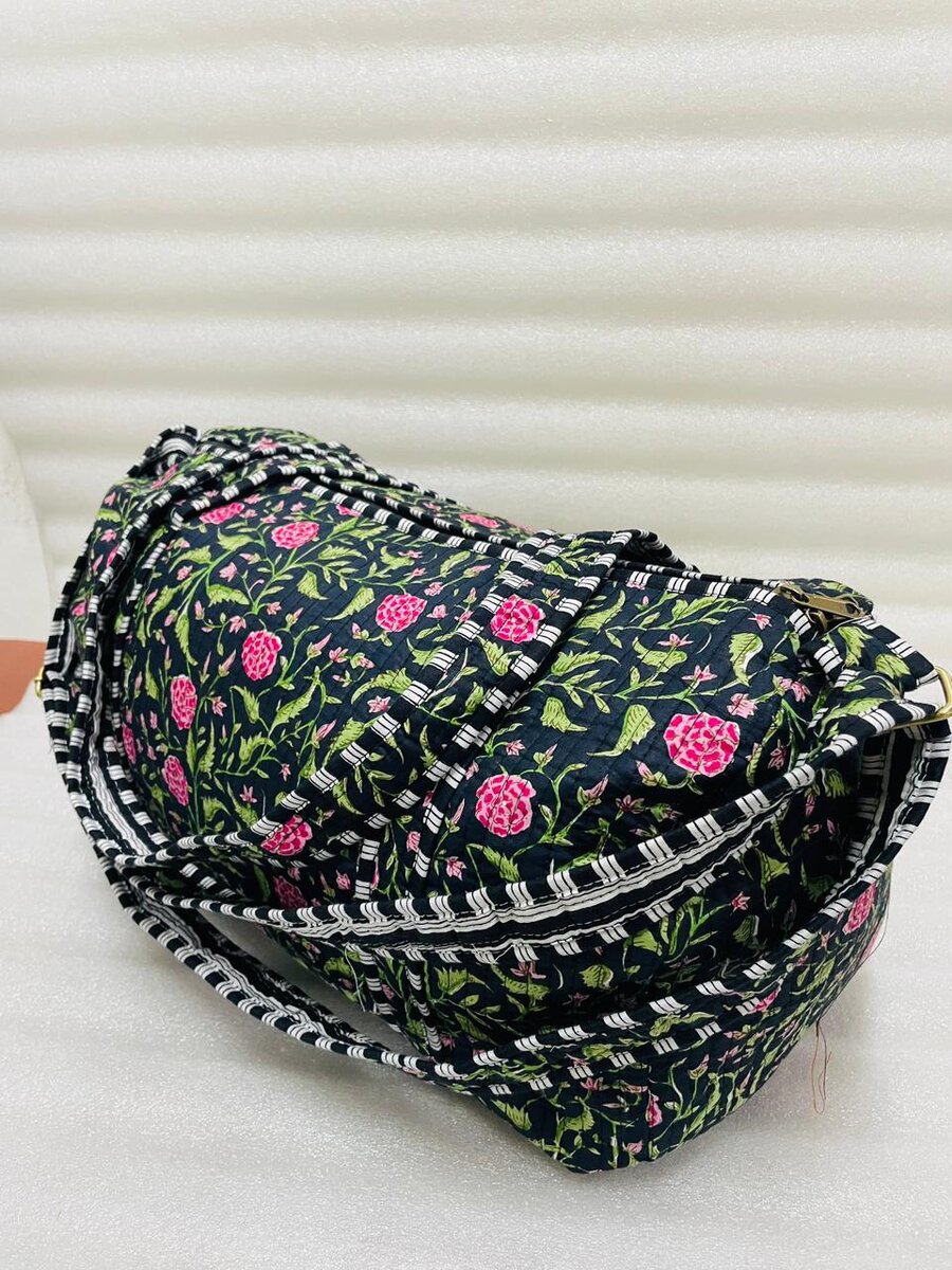 Block Printed Quilted Duffle Bag with Concealed Zip