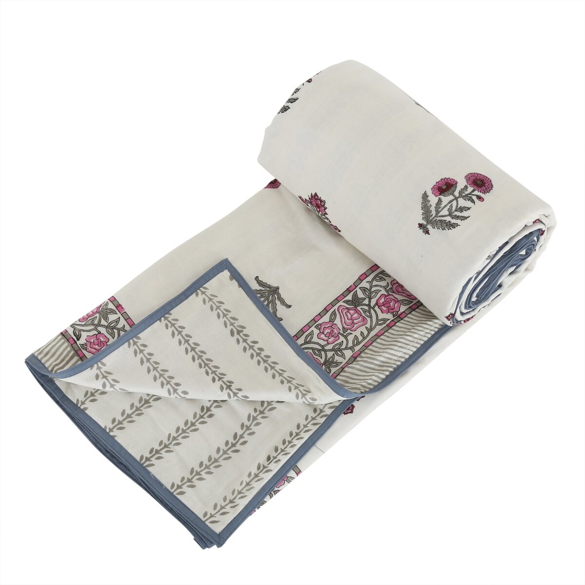 Block Printed Cotton Blanket - Double Dohar ( 90 x 108 Inches) - Pink Grey Plant