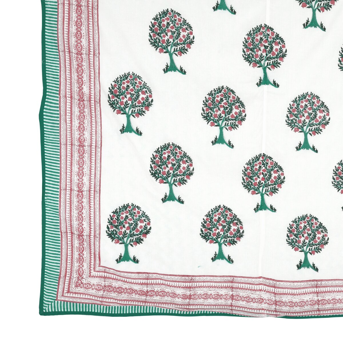 Block Printed Cotton Blanket - Double Dohar ( 90 x 108 Inches) - Red Green Tree