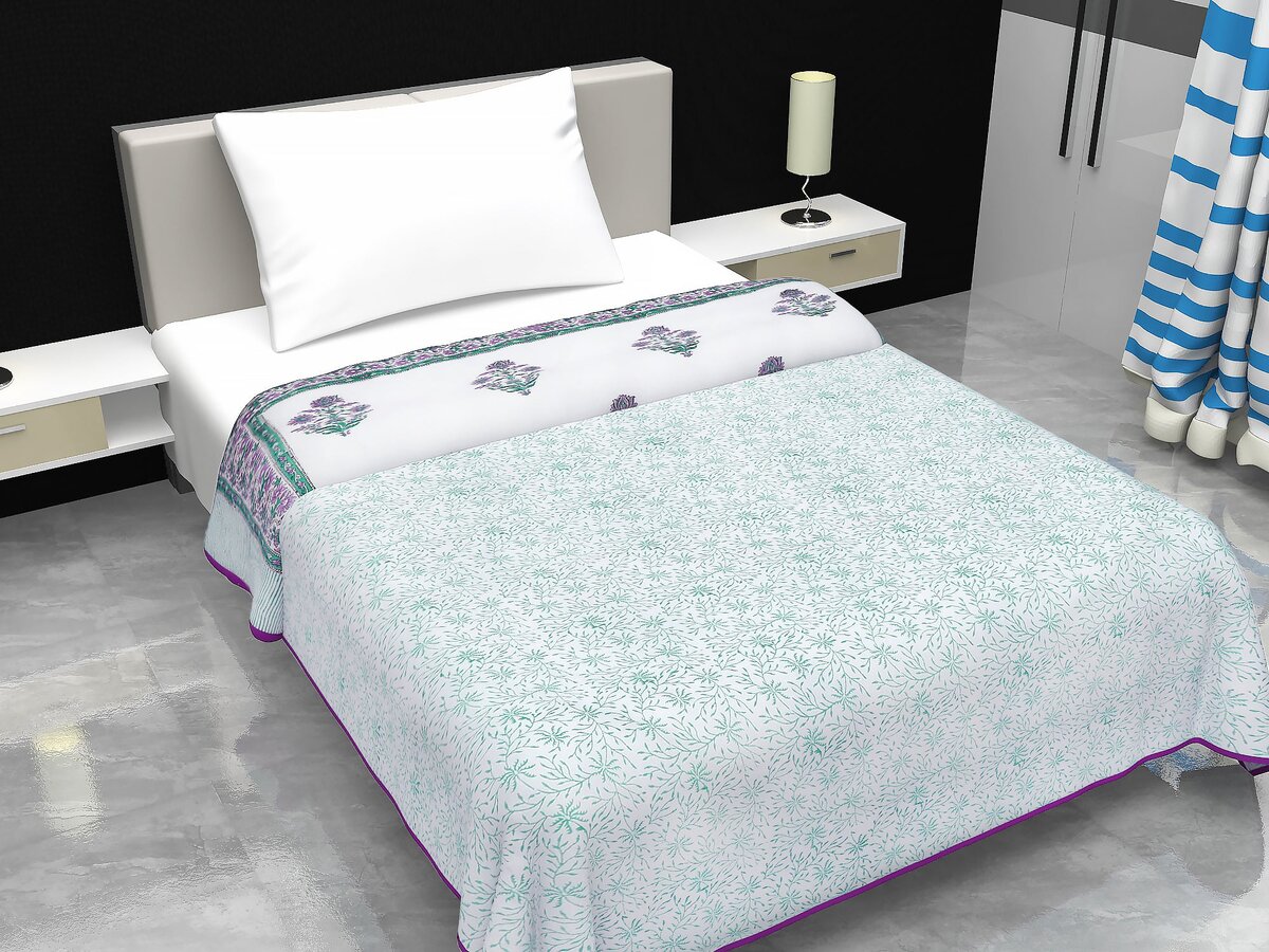 Cotton Blanket - Single Dohar ( 60 x 90 Inches) Green Purple Bouquet