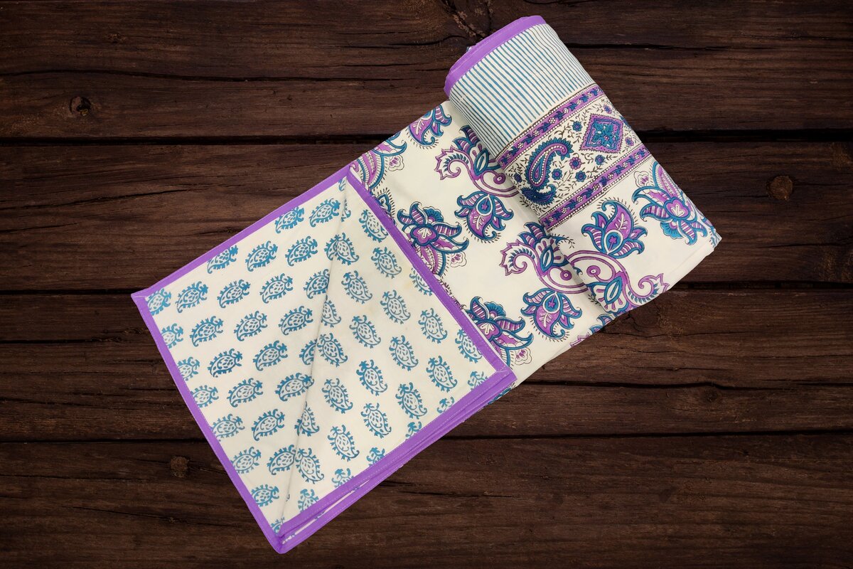 Cotton Blanket - Single Dohar ( 60 x 90 Inches) Purple Blue Flower