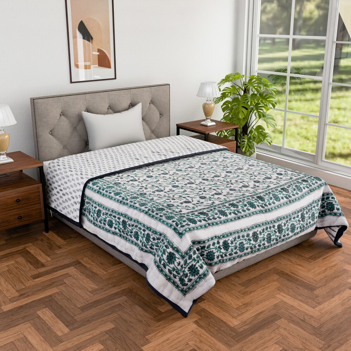 Single bed pure cotton block print quilt (Rajai) Winter blanket (60 x 90 Inches)