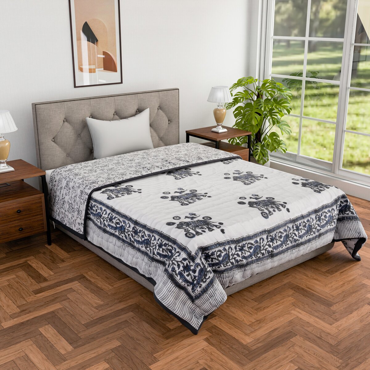 Single bed pure cotton block print quilt (Rajai) Winter blanket (60 x 90 Inches)