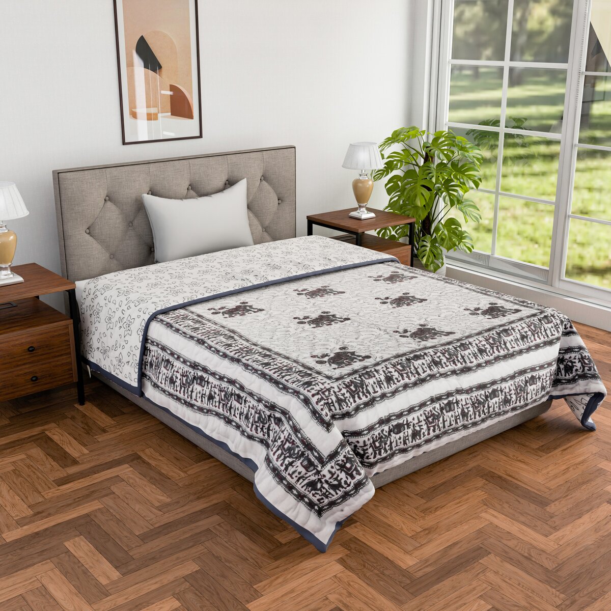 Single bed pure cotton block print quilt (Rajai) Winter blanket (60 x 90 Inches)