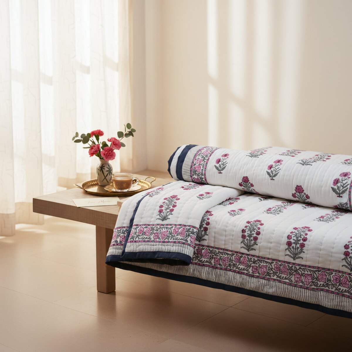 Single bed pure cotton block print quilt (Rajai) Winter blanket (60 x 90 Inches) - Pink Grey