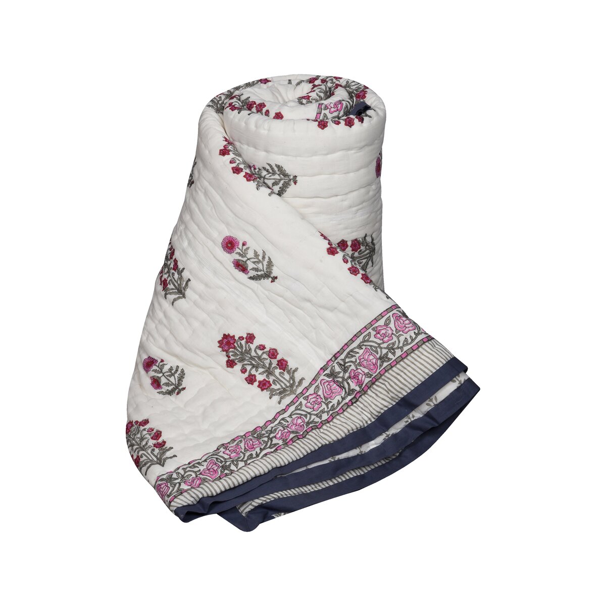 Single bed pure cotton block print quilt (Rajai) Winter blanket (60 x 90 Inches) - Pink Grey