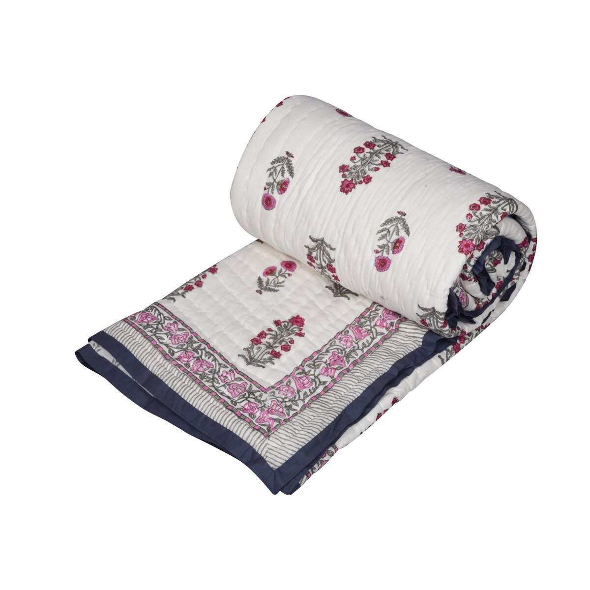 Single bed pure cotton block print quilt (Rajai) Winter blanket (60 x 90 Inches) - Pink Grey
