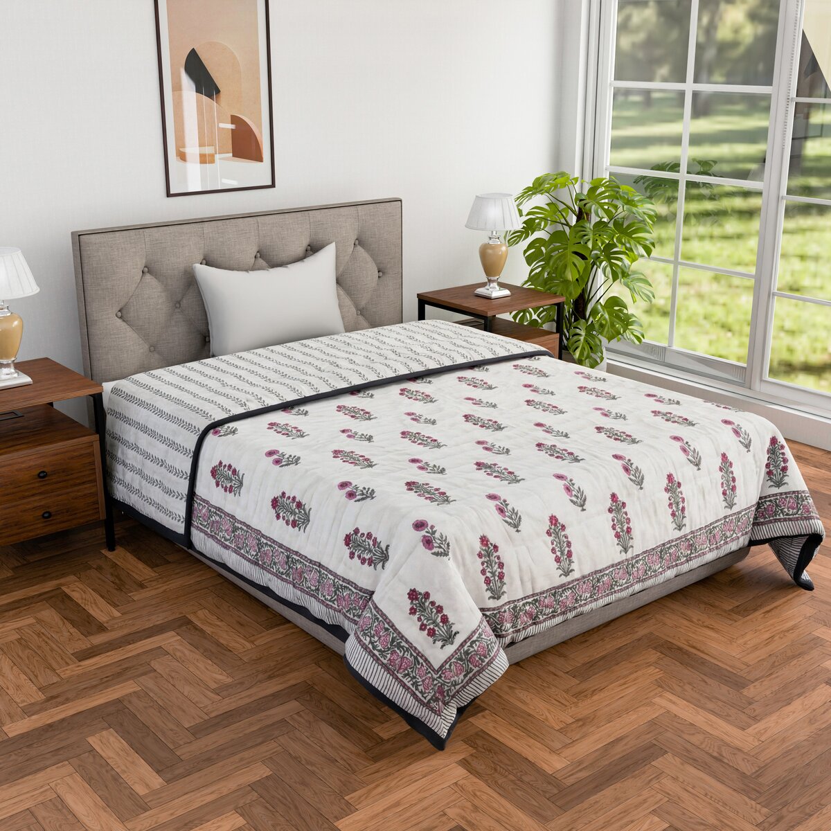 Single bed pure cotton block print quilt (Rajai) Winter blanket (60 x 90 Inches) - Pink Grey