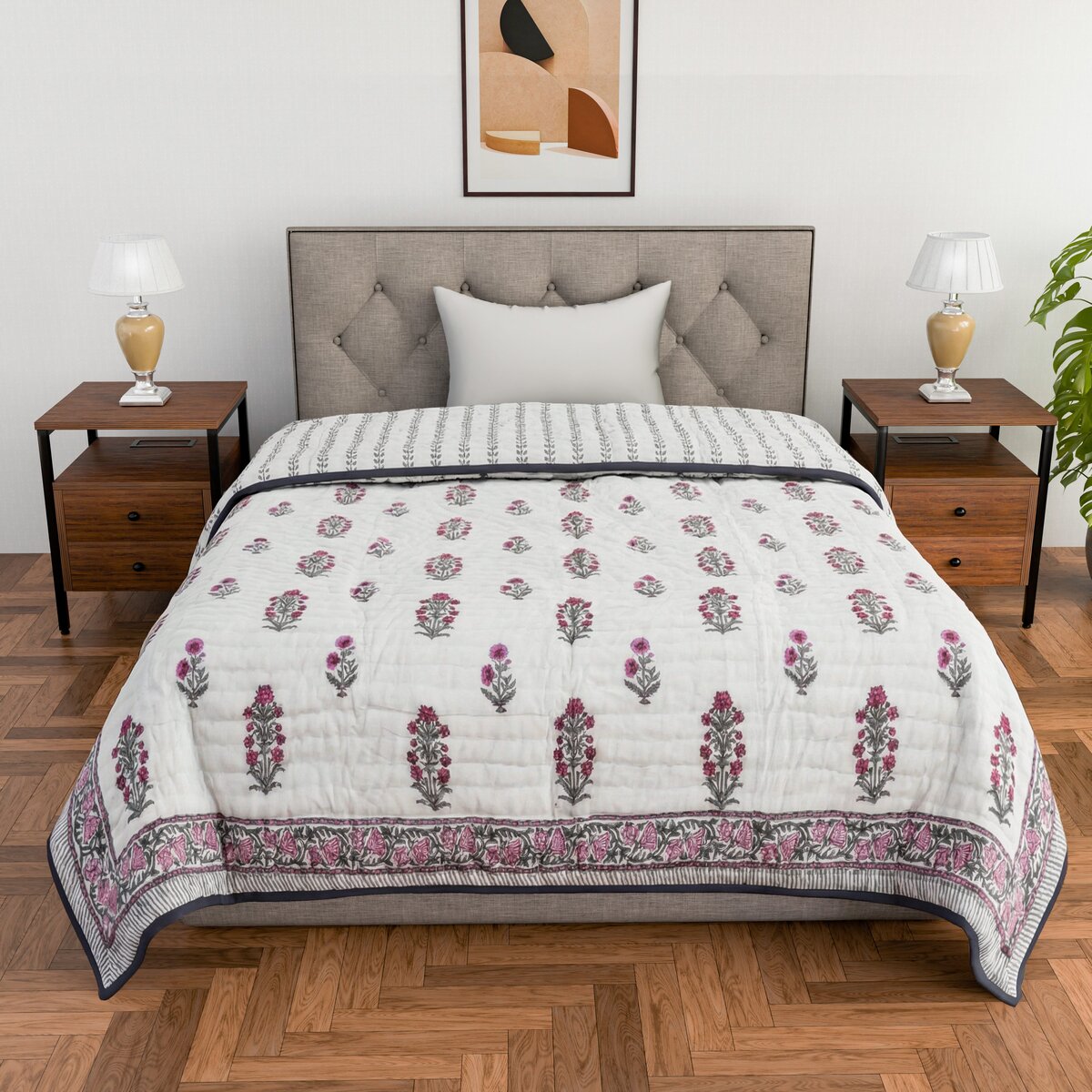 Single bed pure cotton block print quilt (Rajai) Winter blanket (60 x 90 Inches) - Pink Grey