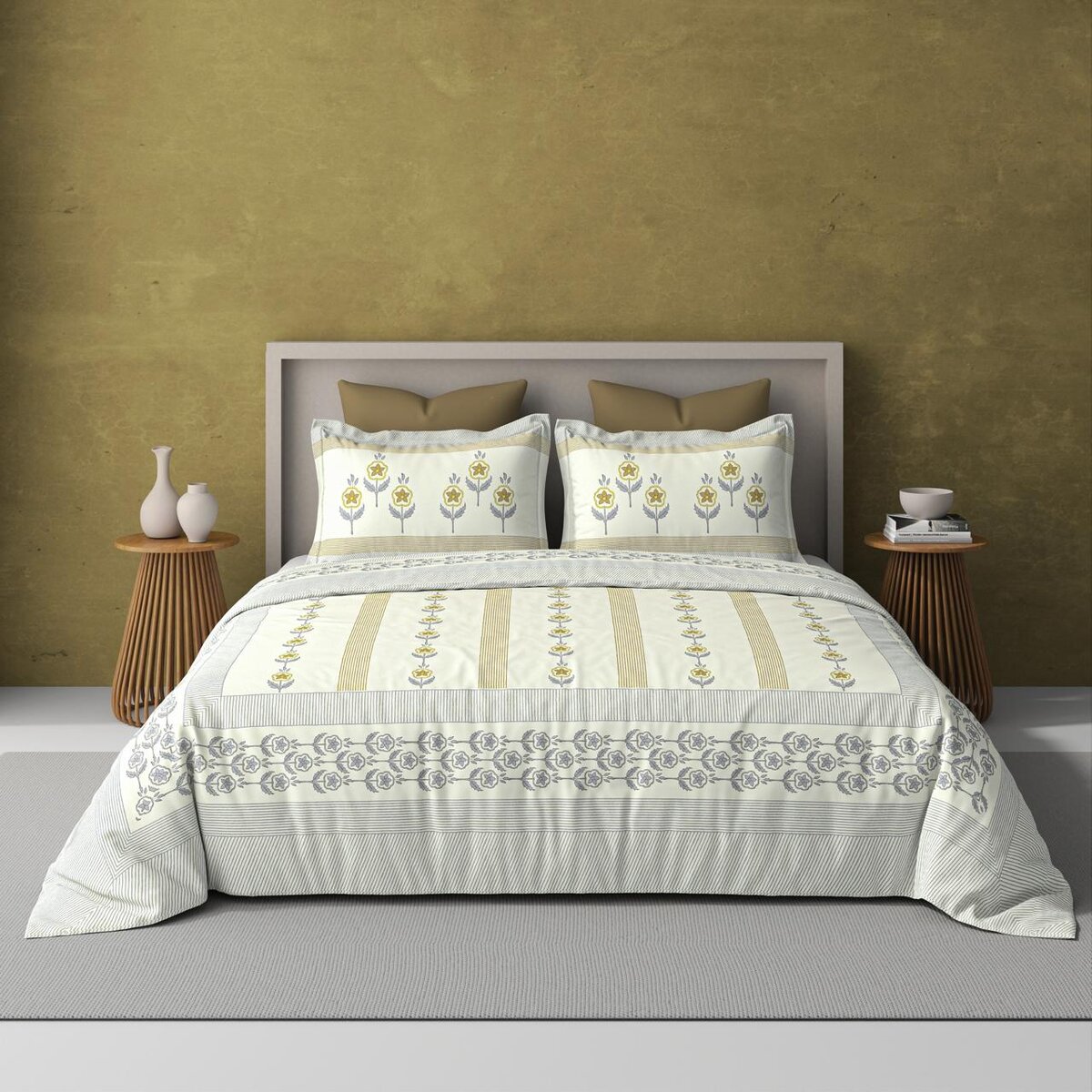 Extra Soft Percale Cotton Super King Handblock Print Bedsheet with 2 Pillow Covers