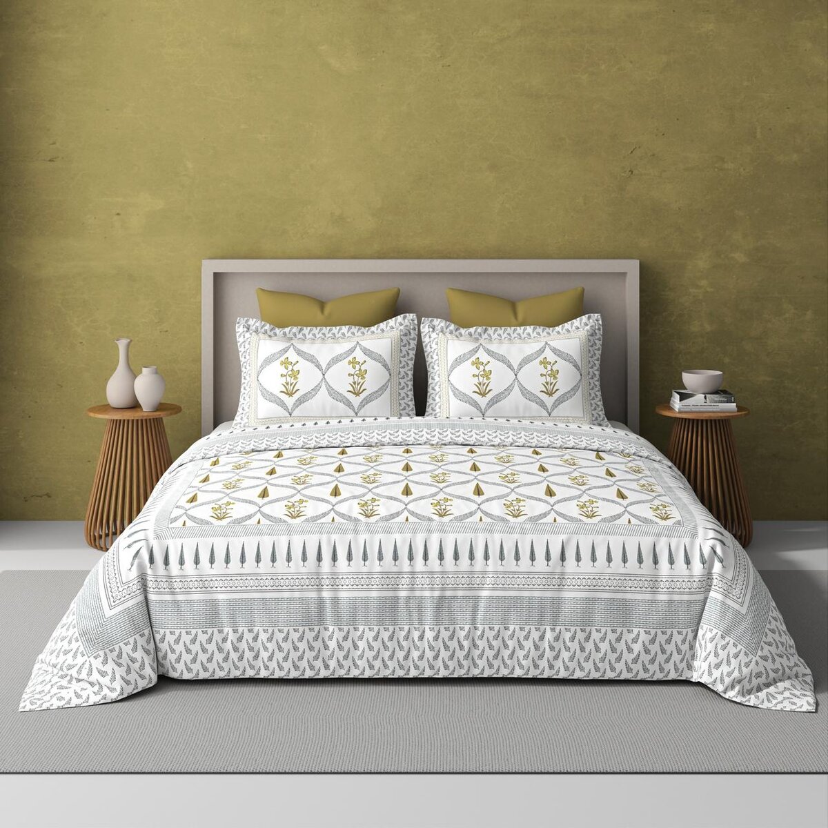 Extra Soft Percale Cotton Super King Handblock Print Bedsheet with 2 Pillow Covers