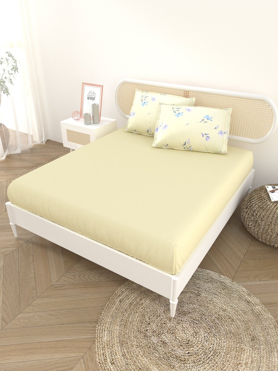 Premium Cotton Fitted Bedsheet (90x108 Inch) – Plain Design with 2 Printed Pillow Covers