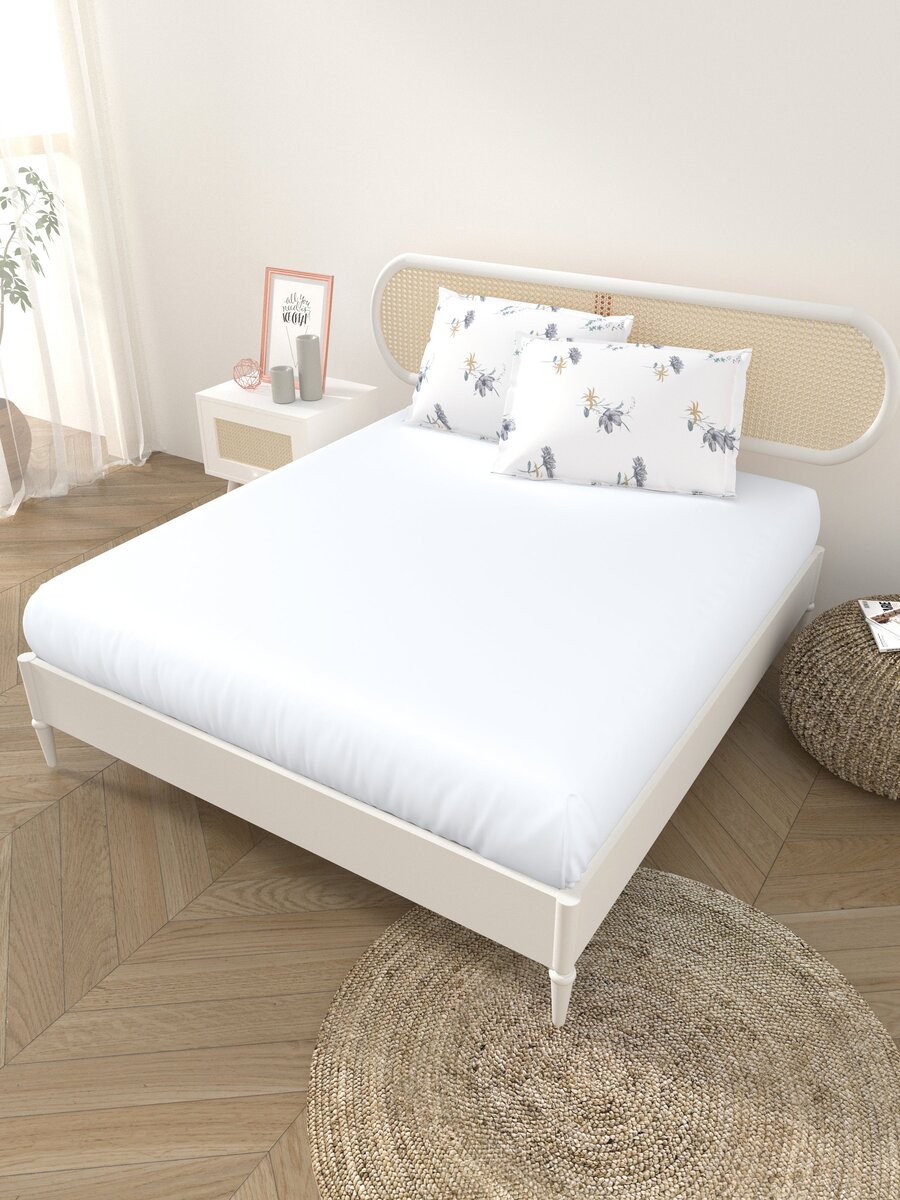 Premium Cotton Fitted Bedsheet (90x108 Inch) – Plain Design with 2 Printed Pillow Covers