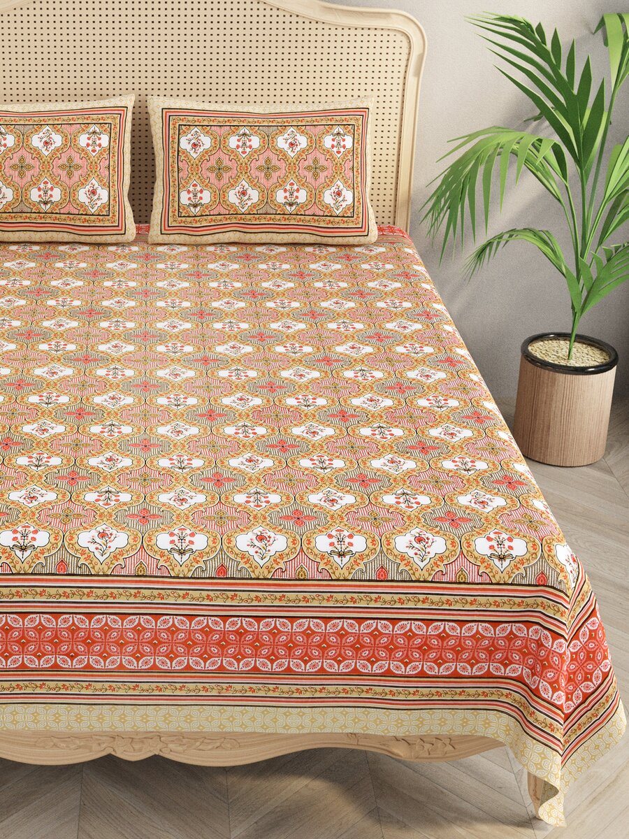 Floral Print Cotton Double King Bedsheet with 2 Pillow Covers