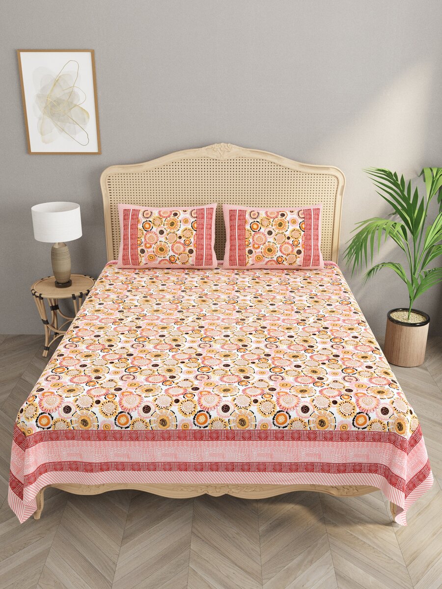 Floral Print Cotton Double King Bedsheet with 2 Pillow Covers