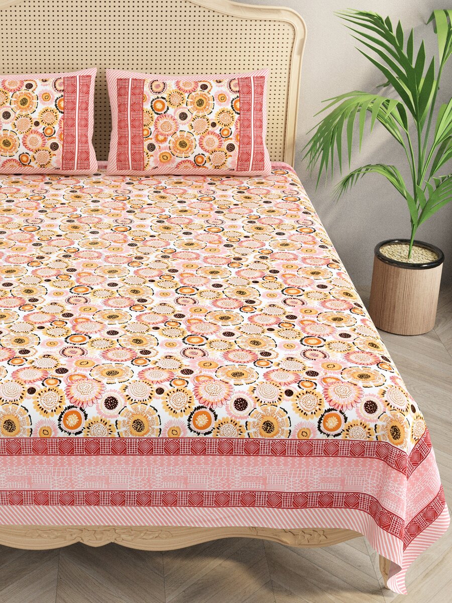 Floral Print Cotton Double King Bedsheet with 2 Pillow Covers