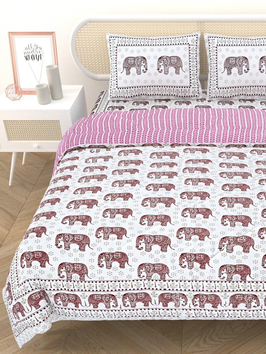 Floral Printed Bedding Set - 1 King Bedsheet, 1 Jaipuri Razai/Quilt, 2 Pillow Covers