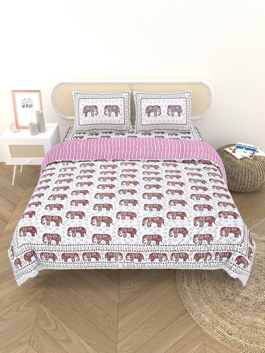 Floral Printed Bedding Set - 1 King Bedsheet, 1 Jaipuri Razai/Quilt, 2 Pillow Covers