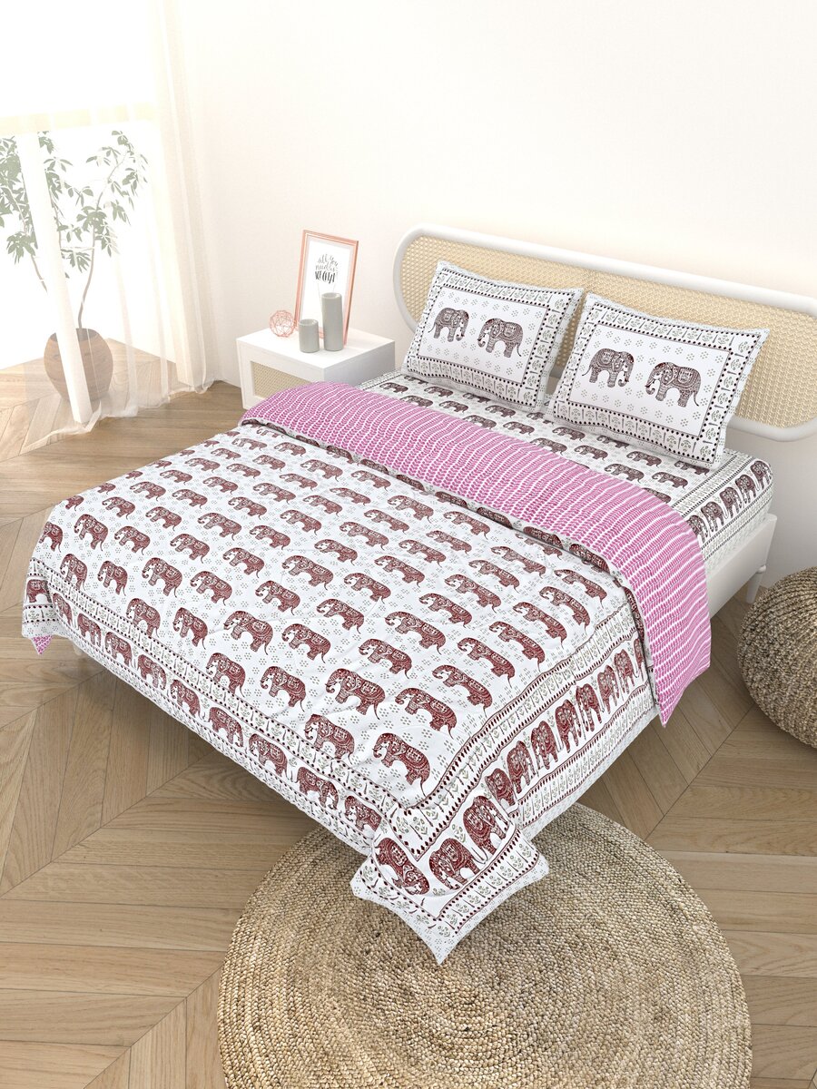 Floral Printed Bedding Set - 1 King Bedsheet, 1 Jaipuri Razai/Quilt, 2 Pillow Covers