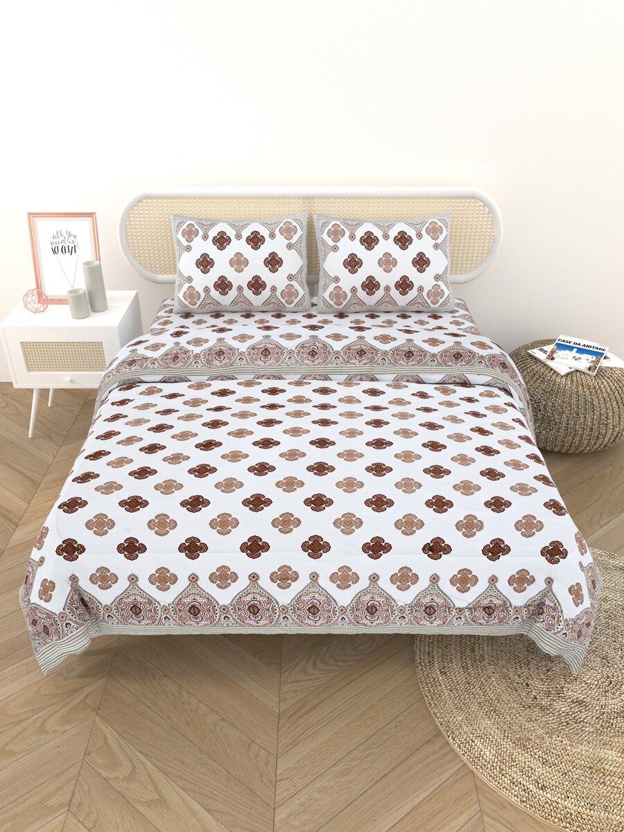Floral Printed Bedding Set - 1 King Bedsheet, 1 Jaipuri Razai/Quilt, 2 Pillow Covers