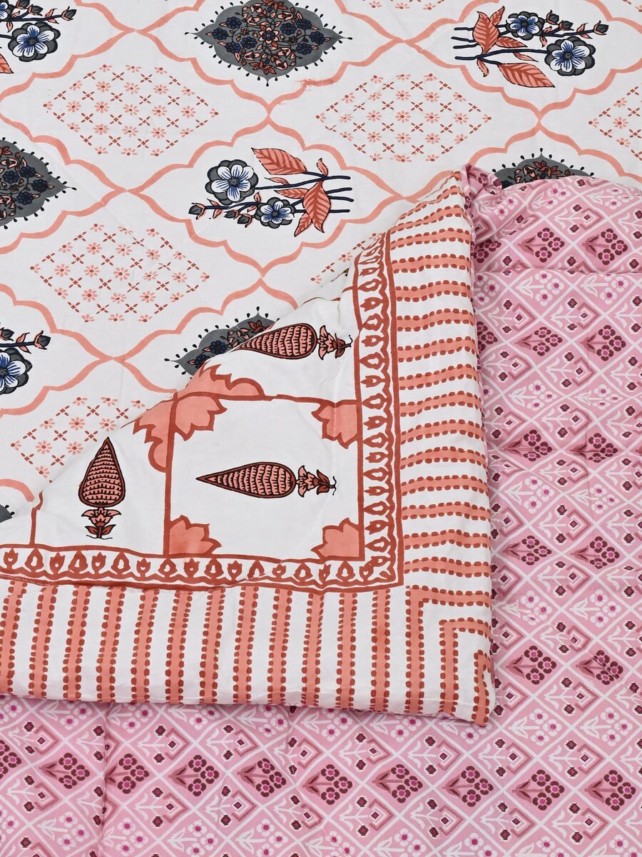 Floral Printed Bedding Set - 1 King Bedsheet, 1 Jaipuri Razai/Quilt, 2 Pillow Covers