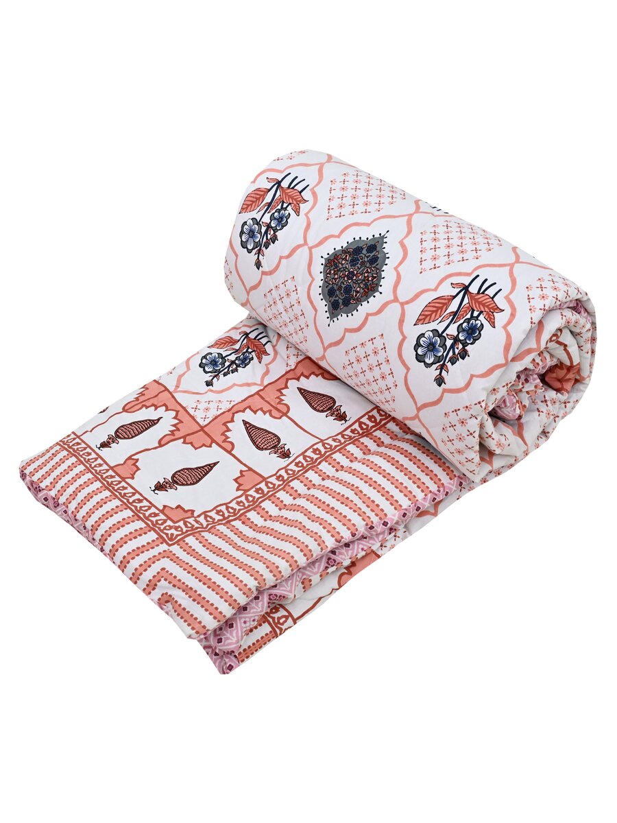 Floral Printed Bedding Set - 1 King Bedsheet, 1 Jaipuri Razai/Quilt, 2 Pillow Covers