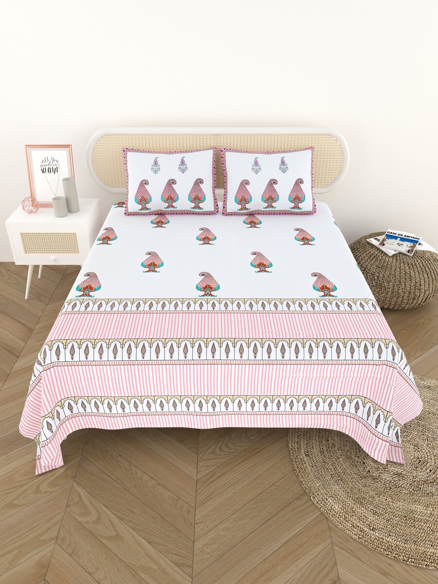 Extra Soft Percale Cotton Super King Handblock Print Bedsheet with 2 Pillow Covers