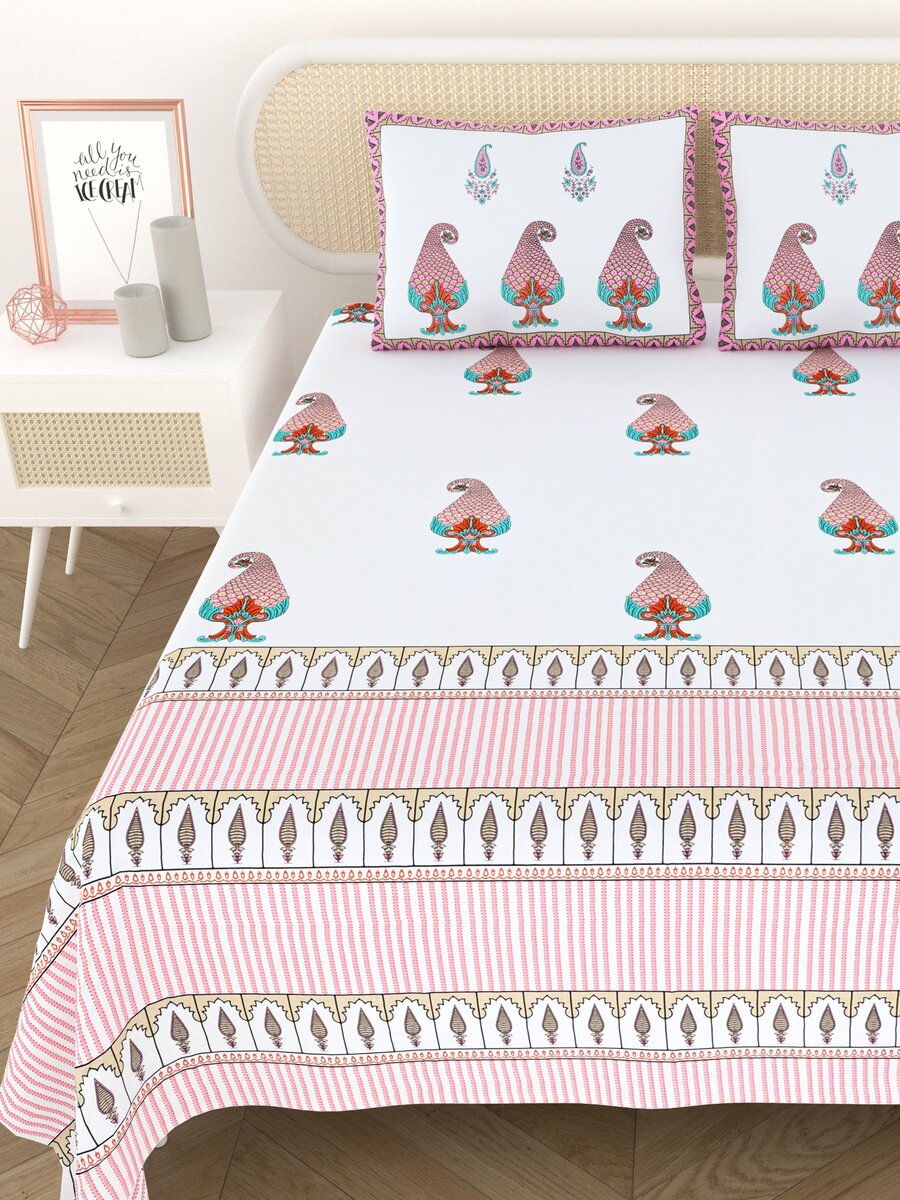 Extra Soft Percale Cotton Super King Handblock Print Bedsheet with 2 Pillow Covers