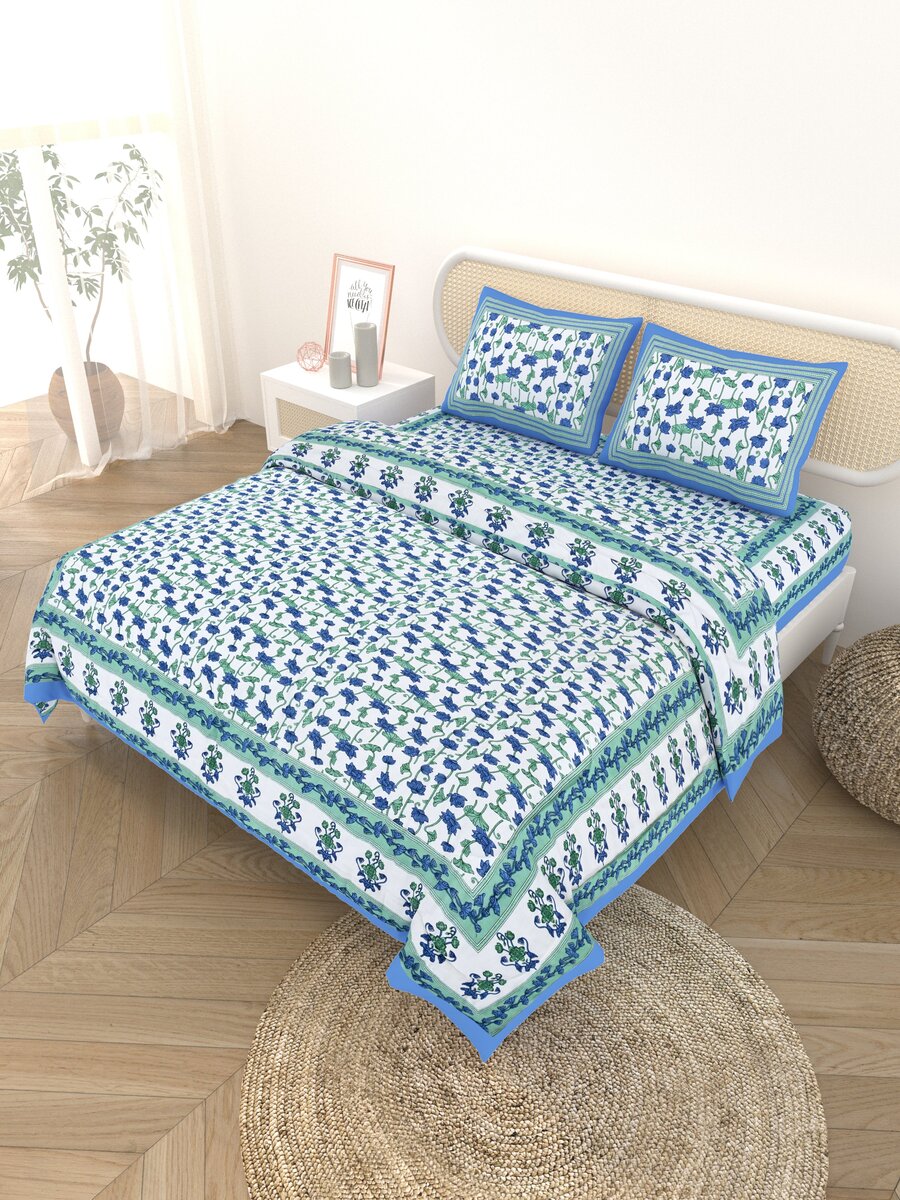 Floral Printed Bedding Set - 1 King Bedsheet, 1 Jaipuri Razai/Quilt, 2 Pillow Covers