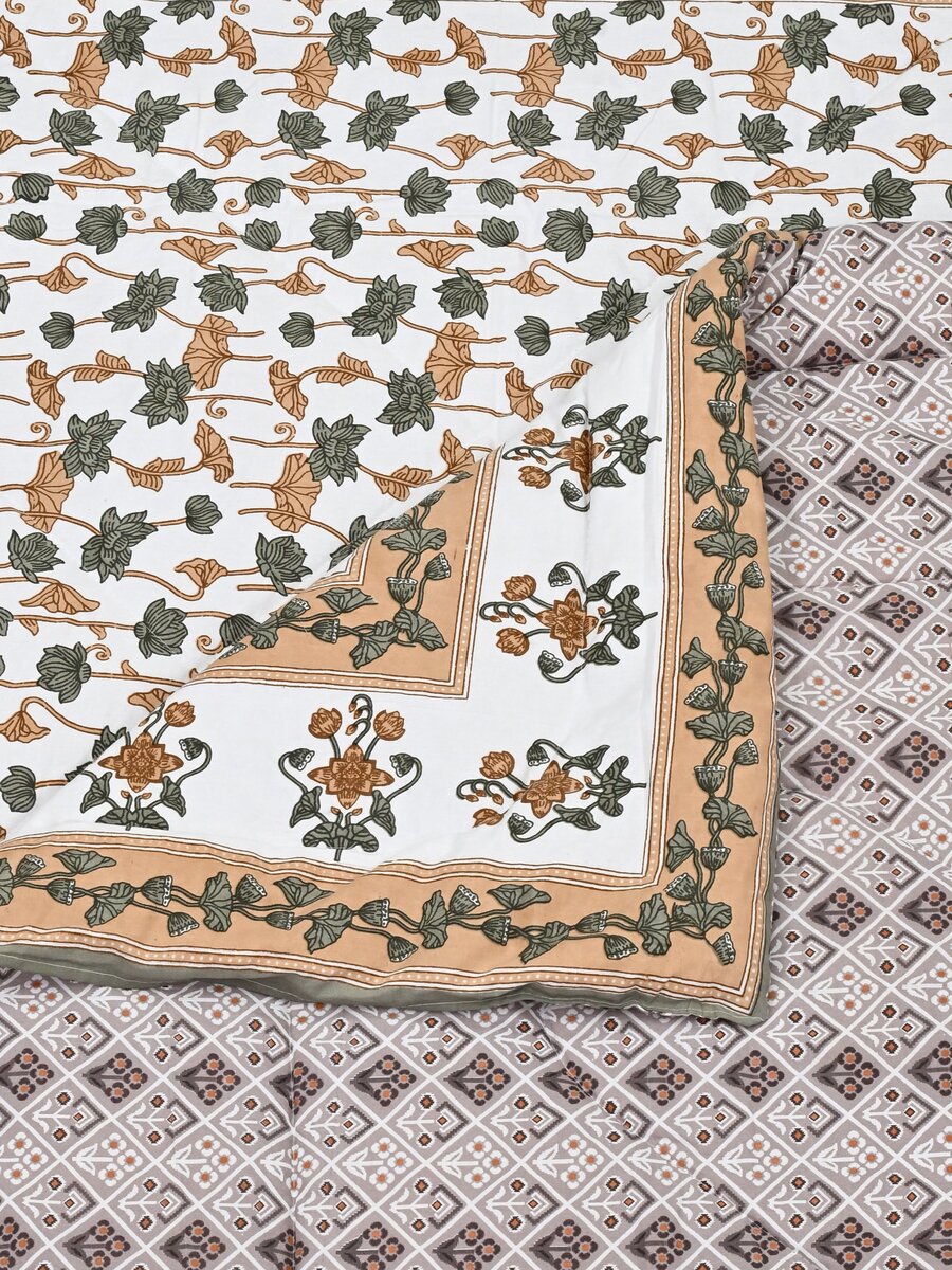 Floral Printed Bedding Set - 1 King Bedsheet, 1 Jaipuri Razai/Quilt, 2 Pillow Covers
