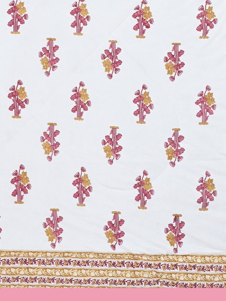 Floral Printed Bedding Set - 1 King Bedsheet, 1 Jaipuri Razai/Quilt, 2 Pillow Covers