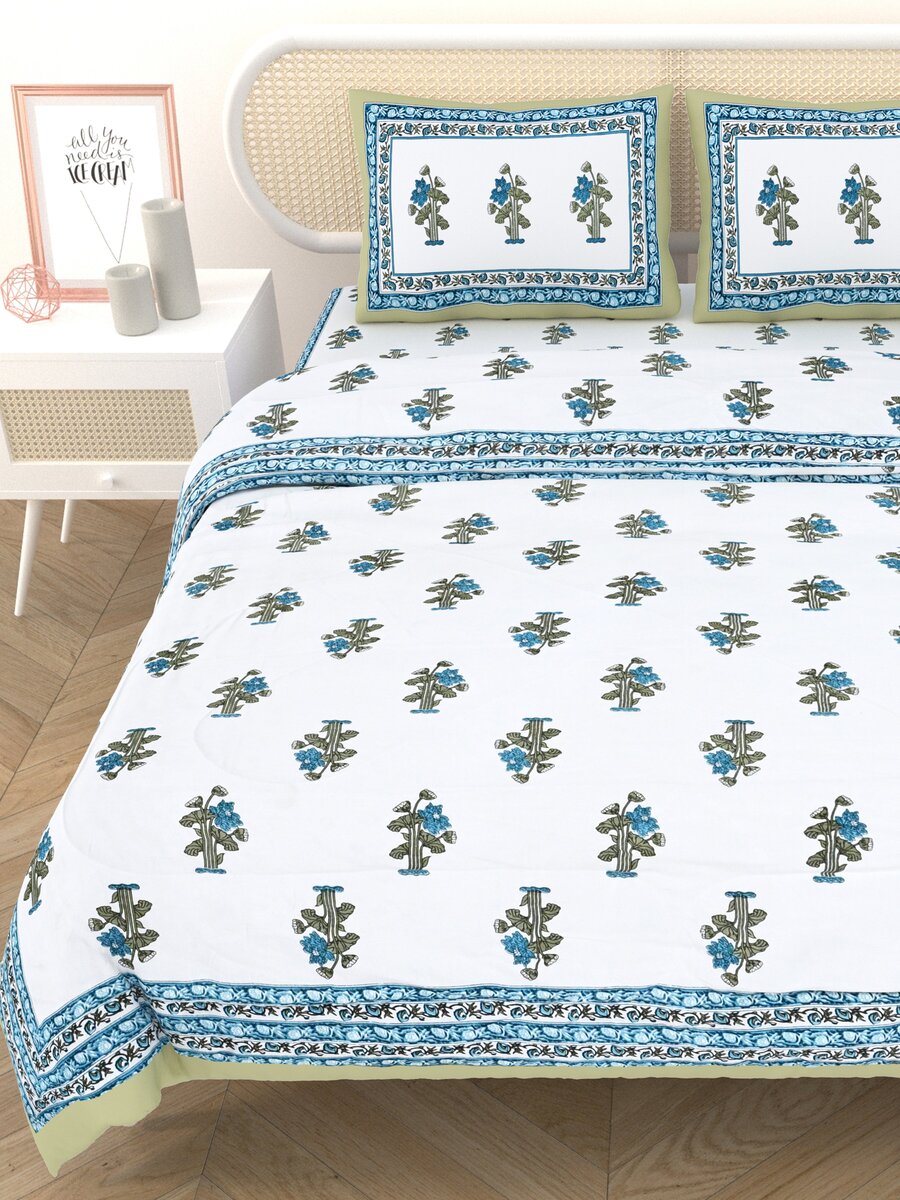 Floral Printed Bedding Set - 1 King Bedsheet, 1 Jaipuri Razai/Quilt, 2 Pillow Covers