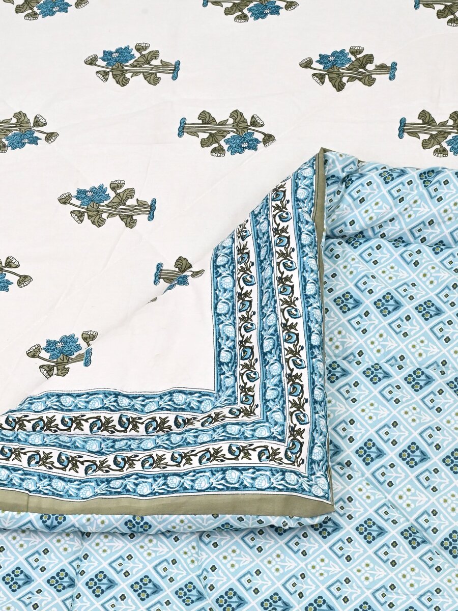 Floral Printed Bedding Set - 1 King Bedsheet, 1 Jaipuri Razai/Quilt, 2 Pillow Covers