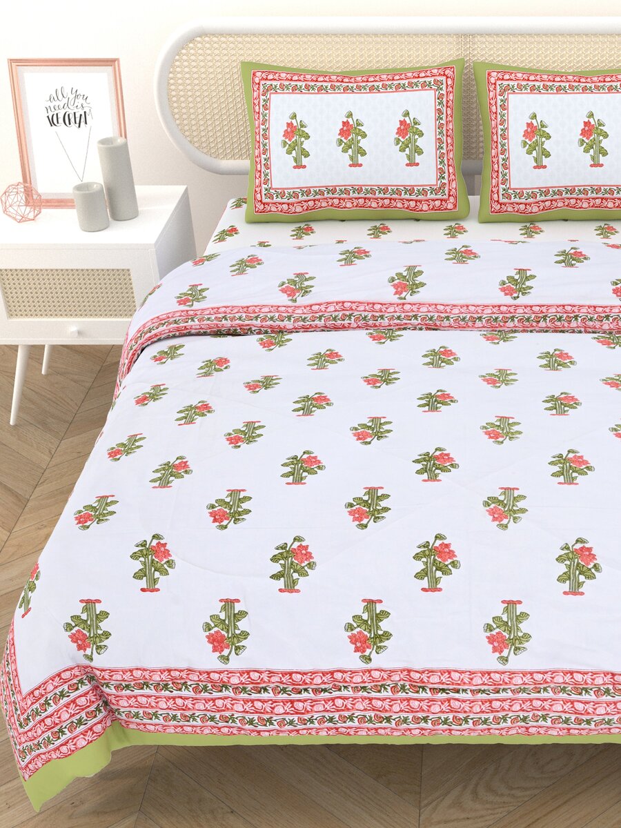 Floral Printed Bedding Set - 1 King Bedsheet, 1 Jaipuri Razai/Quilt, 2 Pillow Covers