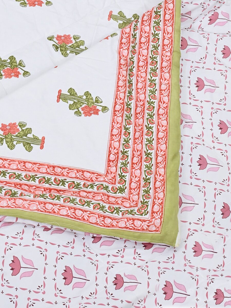 Floral Printed Bedding Set - 1 King Bedsheet, 1 Jaipuri Razai/Quilt, 2 Pillow Covers