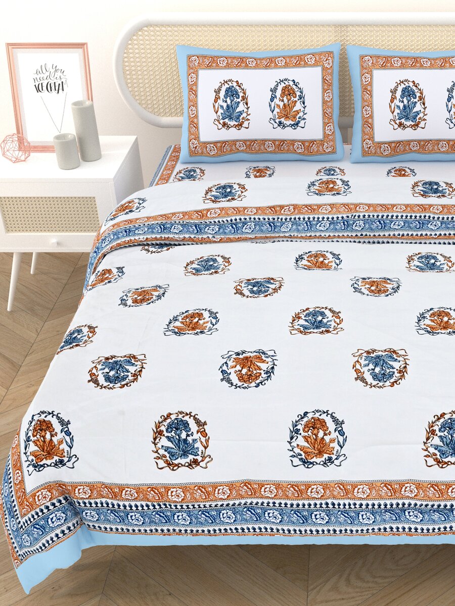 Floral Printed Bedding Set - 1 King Bedsheet, 1 Jaipuri Razai/Quilt, 2 Pillow Covers