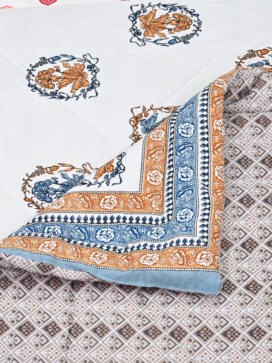 Floral Printed Bedding Set - 1 King Bedsheet, 1 Jaipuri Razai/Quilt, 2 Pillow Covers