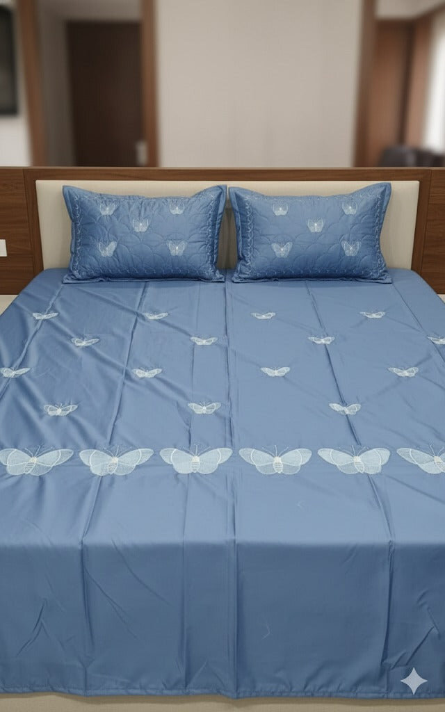 Embroidered Bedsheet Set with 2 Quilted Pillow Covers (108 × 108)