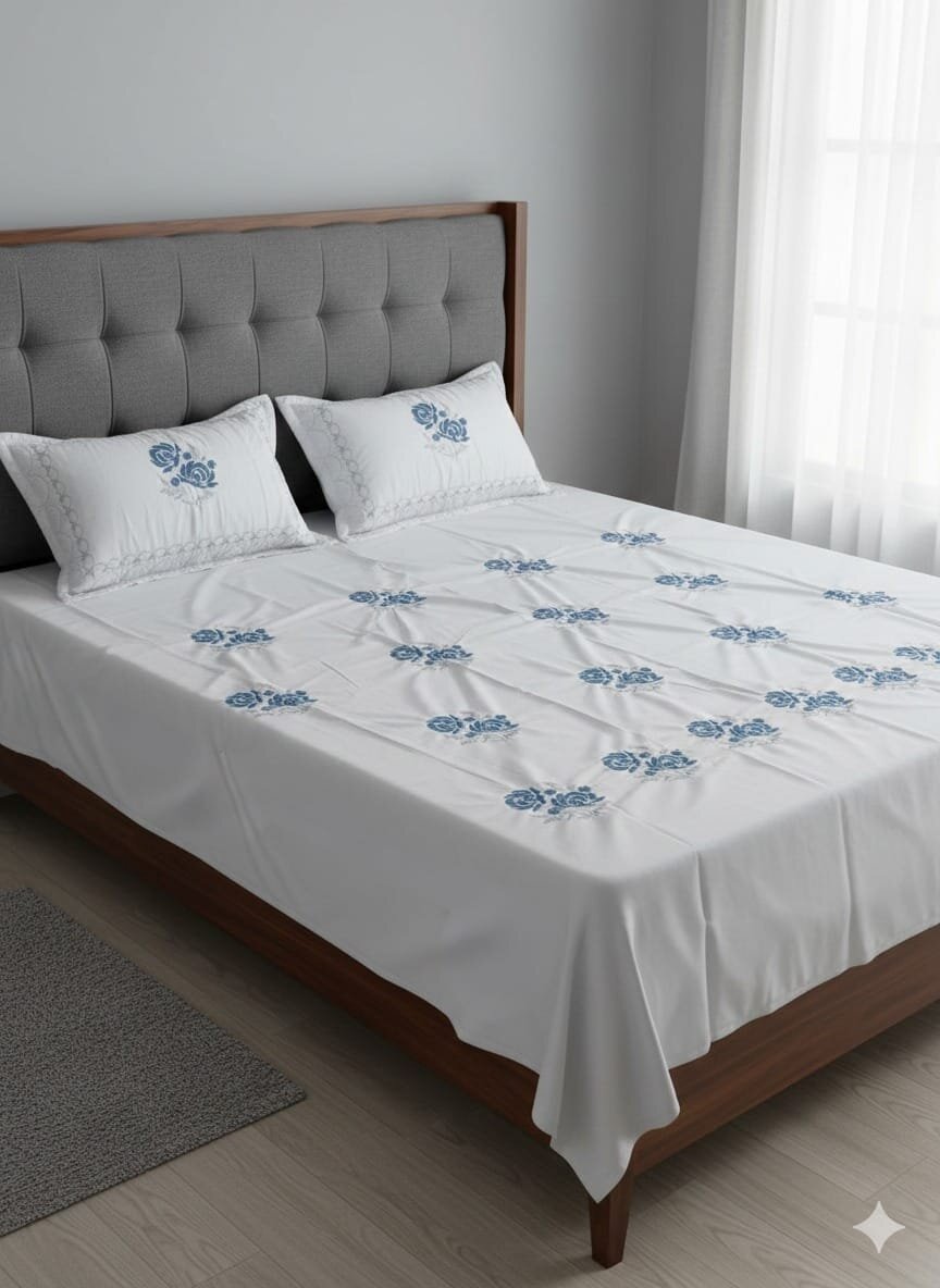 Embroidered Bedsheet Set with 2 Quilted Pillow Covers (108 × 108)