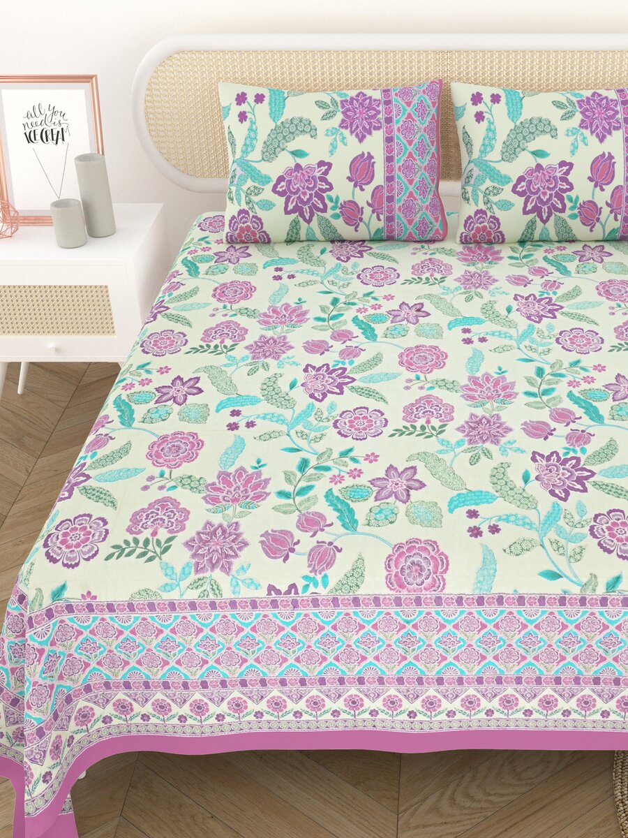 Cotton Printed Bedsheet with 2 Pillow Covers - (108 x 108 Inch)