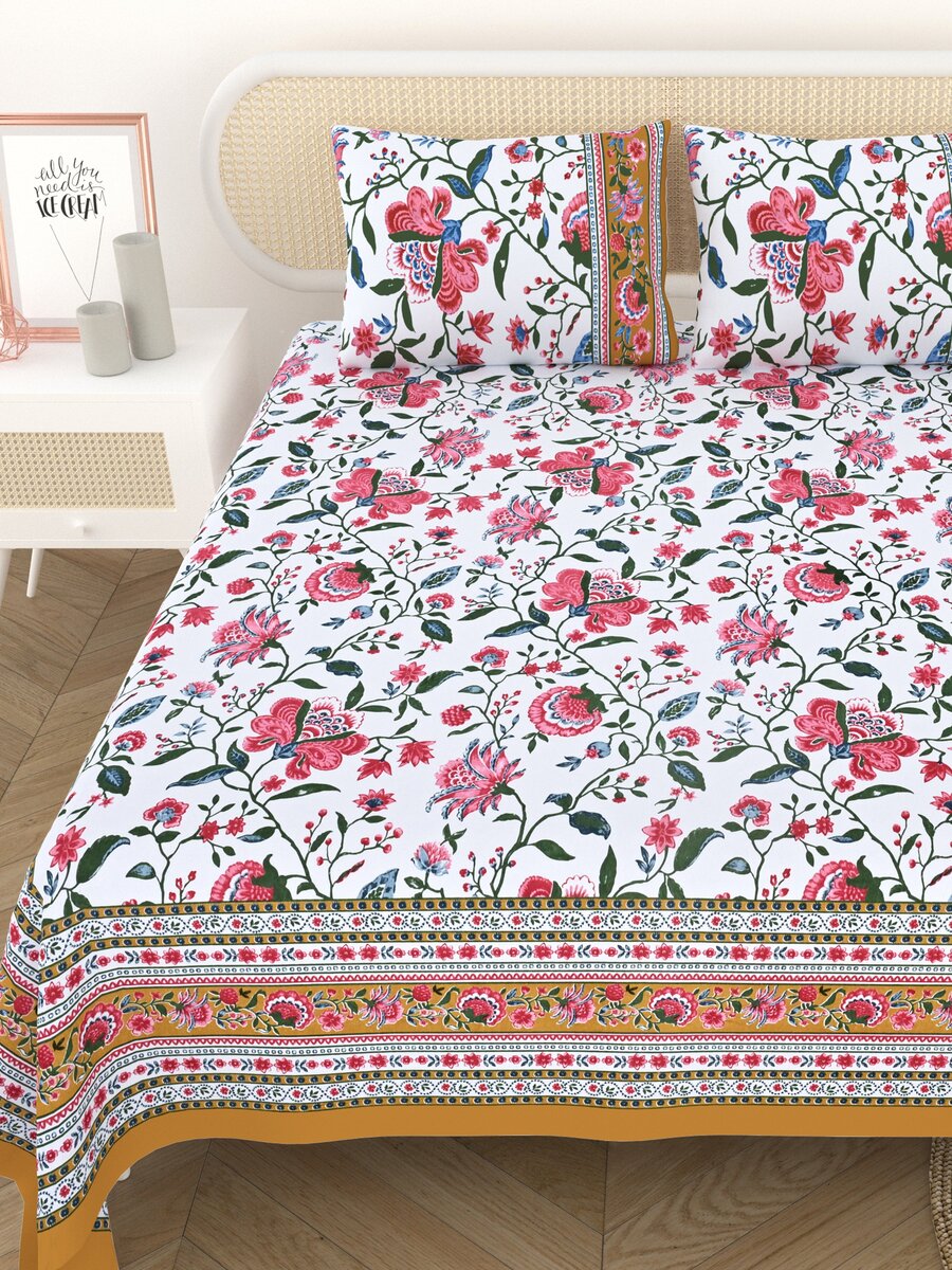 Cotton Printed Bedsheet with 2 Pillow Covers - (108 x 108 Inch)