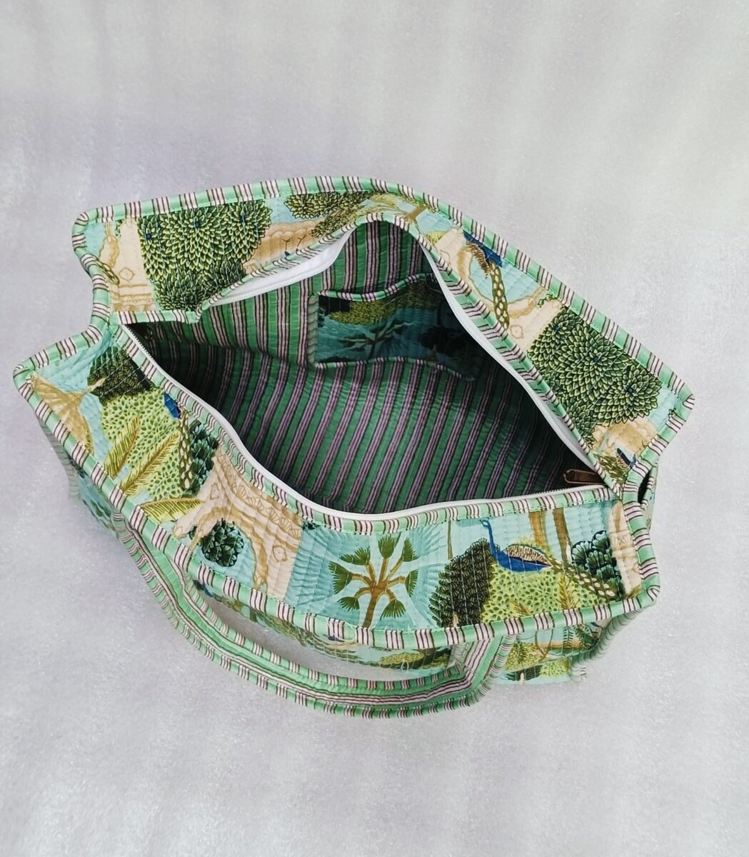 Handblock Printed Quilted Tote Bag with concealed zip ( 17x18x 6 inches)