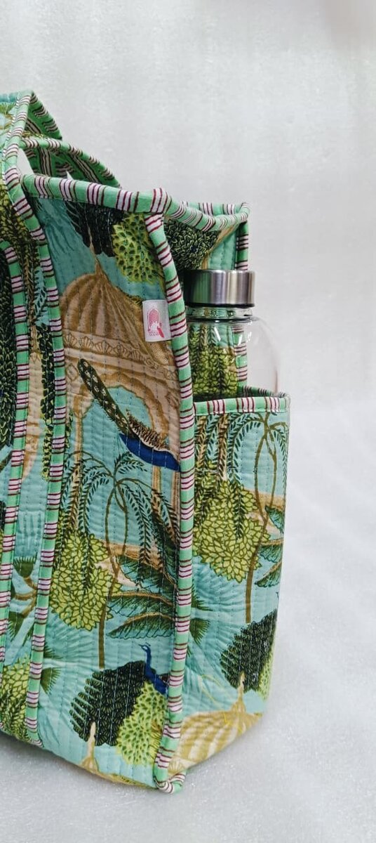 Handblock Printed Quilted Tote Bag with concealed zip ( 17x18x 6 inches)